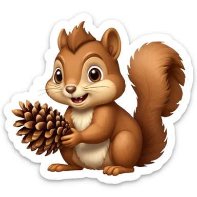 A greedy squirrel with a large pine cone balanced on its head, making a weird facial expression, wide eyes, and mischievous grin sticker