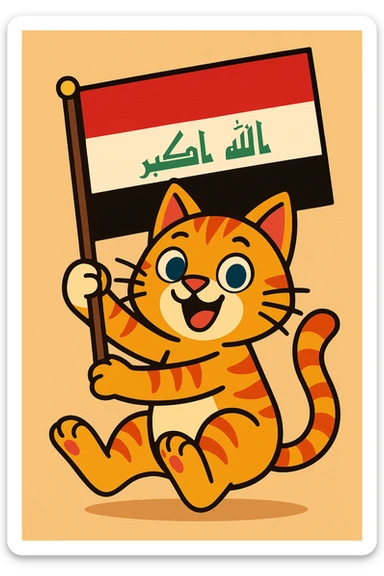 playful cat holding the Iraq flag, vibrant colors, cartoon style, lively and fun sticker