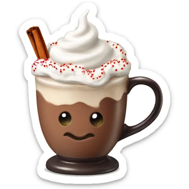 Decorated Christmas mug of hot chocolate with whipped cream and cinnamon sticker