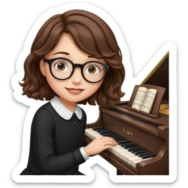 girl brown hair wavy. round glasses eye. playing piano sticker