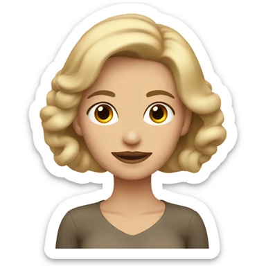 Mujer con cabello rubio frente amplia y aros de argolla. Con una polera con cuello en color beig sticker
