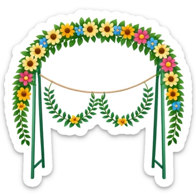 midsommarstång (Swedish maypole) decorated with green leaves and colorful flowers, standing upright with two floral wreaths hanging from the crossbar, festive and cheerful, clean modern illustration style sticker