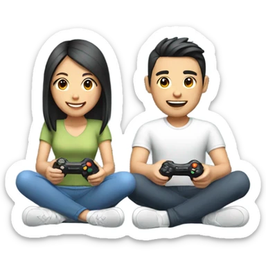Cute Asian Couple sitting together and having fun playing video games sticker