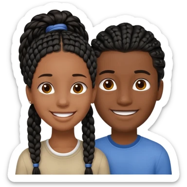 Dark black girl with black braids, smiling, and tan white boy with straight brown hair sticker