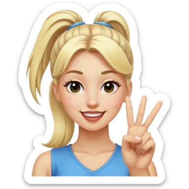 blonde girl with high pony tail hair, winking and making peace sign sticker