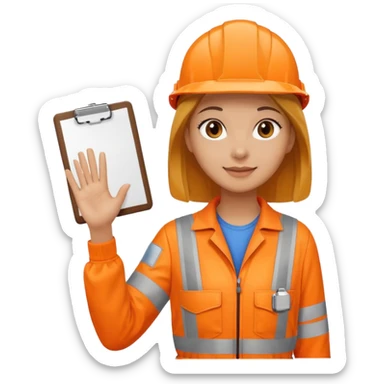 woman in orange hi vis overalls waving holding a clipboard sticker
