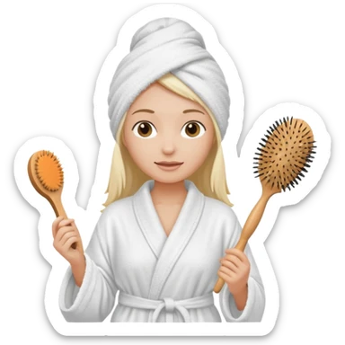 Women wearing shower robe an their hair with towel holding a brush sticker