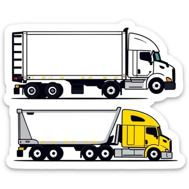 yellow sleeper semi truck with a large end dump trailer in a country landscape, cartoonish sticker style sticker