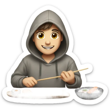 Happy boy with brown hair making sushi in a hoodie sticker