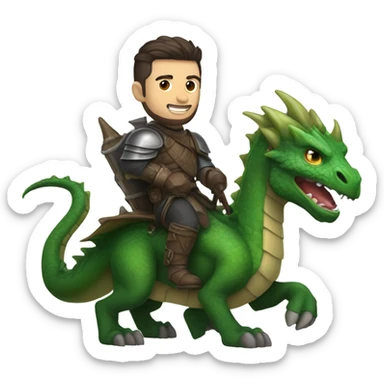 Determined armored White Man with dark brown pompadour hair and a short beard riding on the back of a giant green dragon sticker