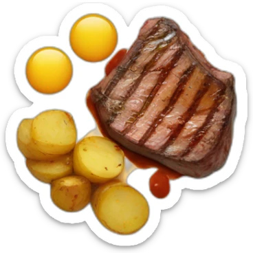 Steak with sauce and potatoes on a plate an loogs yummi sticker
