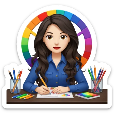 female dark wavy long hair graphic designer , color wheel, pens, papers , desktop sticker