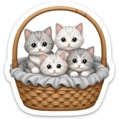 Ultra detailed, realistic, hd quality, fluffy long haired adorable white and gray newborn kitties in a wooden basket with a blanket sticker
