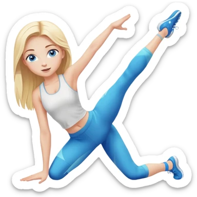 Blonde girl with blue eyes in gym leggings stretching with legs open sticker