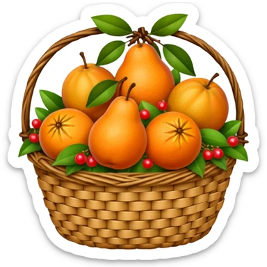 A rustic fruit basket with oranges, pears, and berries.







































 sticker