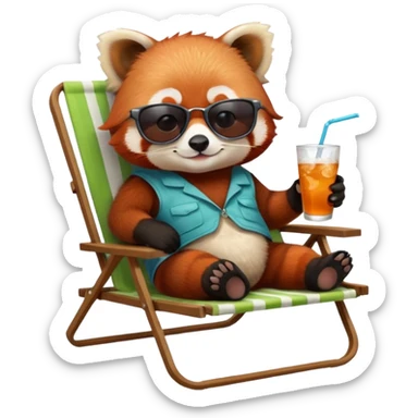Red panda laying back on lawn chair with a drink wearing sun glasses sticker