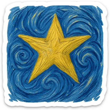 a single star rendered in van Gogh's post-impressionist style, with expressive lines and movement, swirling brushstrokes, thick impasto texture, blue-yellow palette sticker