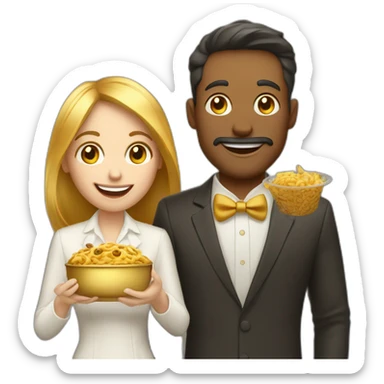 golden modern man and woman friends with camera in one hand and food in other hand, happy smiling sticker