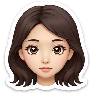 Asian girl with long shaggy brown hair, big dark eyes. long lower lashes, cheekbones with blush. dimples. sticker