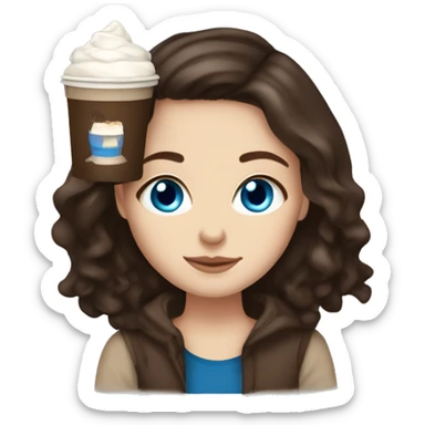 white girl with dark brown long hair, blue eyes, and a hot chocolate sticker