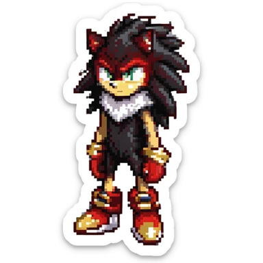 Shadow the Hedgehog standing on a ruined highway at dusk, black and red fur, white chest fur, gold rings on gloves, glowing red hover shoes, determined expression, city skyline in background sticker