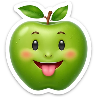 create a happy green apple with a face showing the tongue on IOS style sticker