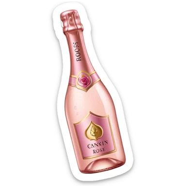 bottle of sparkling rosé with a rose logo on the label, tilted up and to the left, no glass sticker
