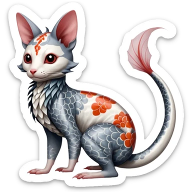 Edgy badass swimmy wet painted intricate ornate Japanese Asian koi-Minccino-Lykoi-Emolga-Sphynx-Linoone-Zangoose-fusion-hybrid-animal-Fakémon-creature, full body, thin long sleek scaly tail, intricate markings sticker