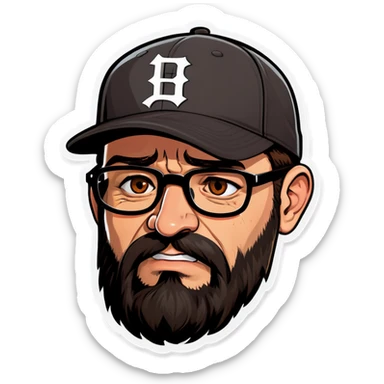 A man with a grey baseball cap, hazel eyes, big dark brown beard and glasses, crying sticker