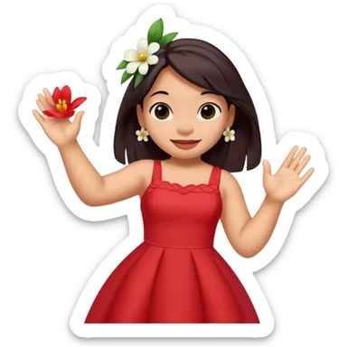 Lilo from Lilo & Stitch waving, wearing a red dress with white flowers, apple style emoji sticker
