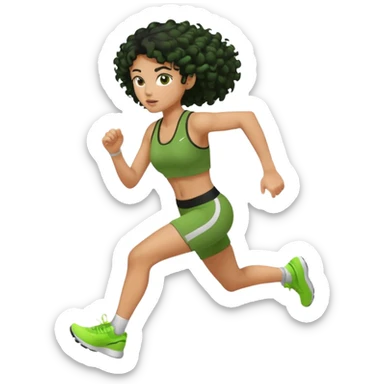 a woman with olive skin tone and curly black hair wearing green and running fast sticker