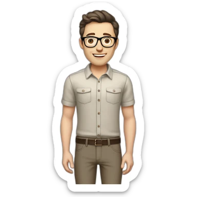 Joyful Full height Pale skinned Fit Man With dark brown hair in gray jacket, beige office shirt, Brown pants and vintage glasses. His thrumbs up sticker