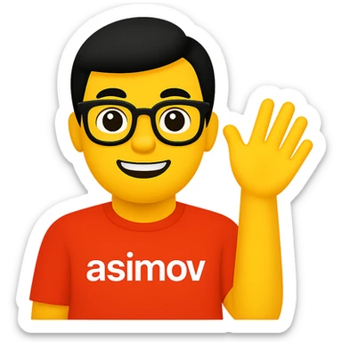 Convert the image of an office worker wearing a red 'asimov' t-shirt saying hello into a simple and expressive apple style emoji with a transparent background. Focus on capturing the essence of the office worker and the red 'asimov' t-shirt in the emoji style. sticker