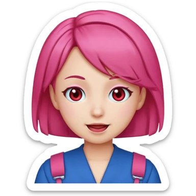 Teto Kasane emoji, apple style, pink twin-drill hair, red eyes, blue outfit, winking sticker