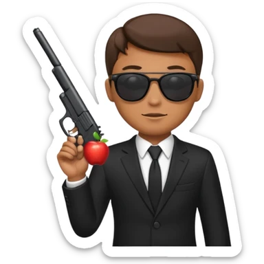 Apple emoji style, black-suited special agent wearing sunglasses, holding a gun sticker