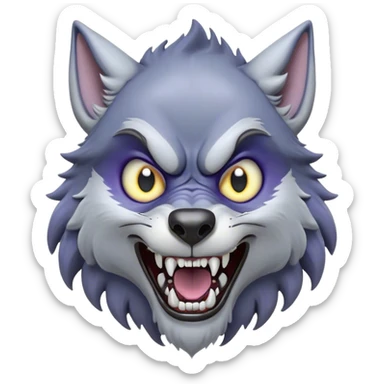 Cinematic Comical Werewolf Portrait Emoji, with a whimsically exaggerated lupine face in vivid moonlit grays and silvers, head cocked in a dramatically shocked expression with comically oversized, wide eyes and a playful snarl, simplified yet hilariously expressive, highly detailed with a soft cartoonish glowing outline capturing the mischievous humor of a werewolf mid-transformation! sticker