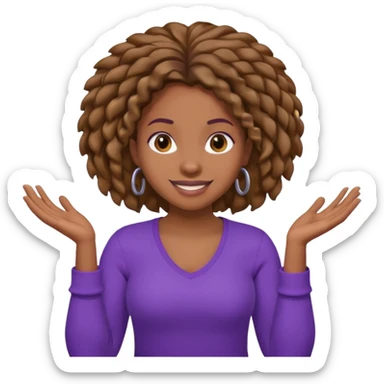 black woman with locks shrugging-smiling with purple shirt sticker