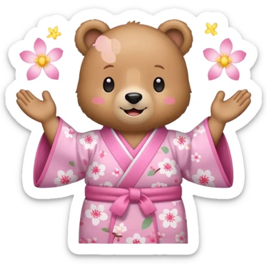 A cute light-brown bear wearing a pastel pink sakura-patterned kimono, normal balanced body ratio.  
Clapping hands cheerfully with a big bright smile and small spark effects around.  
Kawaii emoji style, minimalistic clean sticker illustration, white background.
 sticker