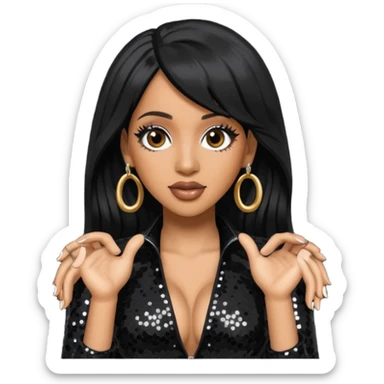 Cardi B with long jet black hair, black sequin outfit sticker