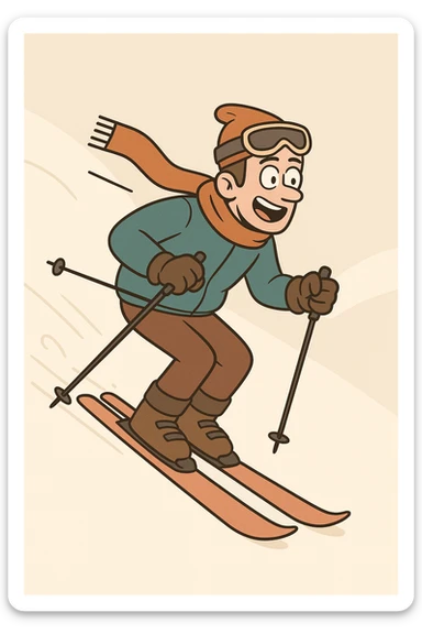 a ski guy skiing downhill, scarf blowing, minimalist, clean design sticker