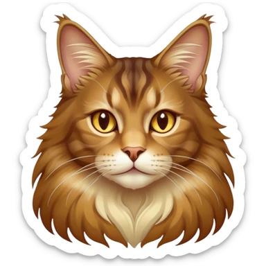 Cinematic Maine Coon Cat Portrait Emoji, Elegant and alert, sleek brown, gold, and cream tones, Simplified yet sharp features, highly detailed, glowing with a warm, confident glow, high shine, intelligent and poised, stylized with an air of grace, focused and attentive, soft glowing outline, capturing the essence of strength and grace, so lifelike it feels as though it could spring into motion with its majestic tail swishing at any moment! sticker