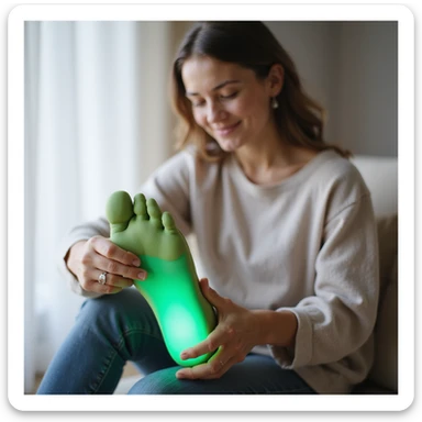realistic style woman sitting relaxed, smiling while touching foot with orthopedic insole, foot with bright green effect indicating wellness, light background sticker