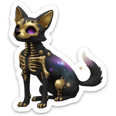 Black iridescent dog fox zombie skeleton gold mechanical nebula galaxy stars flowers fairy lights vintage sticker