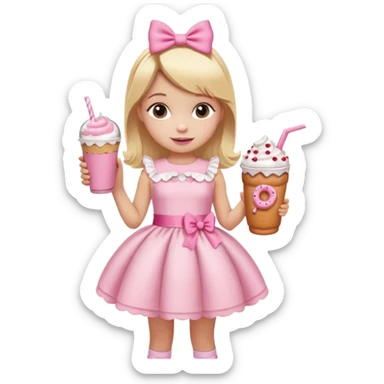 A little girl with a Dunkin' milkshake and a donut with pink frosting and marshmallows, wearing a pink coquette-style dress with bows and blonde hair. sticker