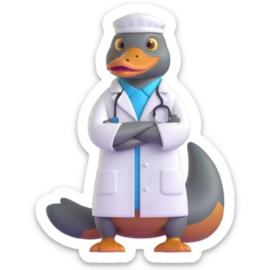 cartoon platypus in a white lab coat, arms crossed, confident sticker