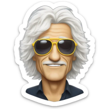 michel polnareff avec des lunettes de soleil blanches, des cheveux longs jaunes et raides, vieux, avec un costume bleu et expression de visage neutre sticker