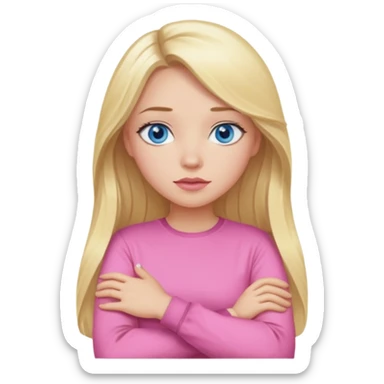 A girl with blue eyes, full lips and blonde long hair in a pink blouse shows no with her hands, crossing them sticker