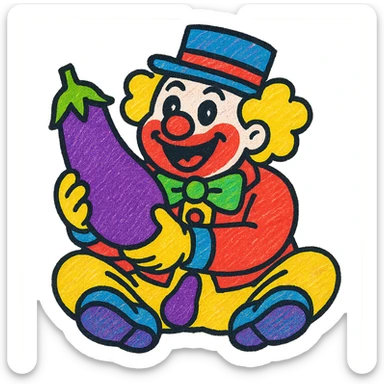 Clown holding an eggplant between his legs in a vibrant and playful style with bright, pop colors and dynamic expression. sticker