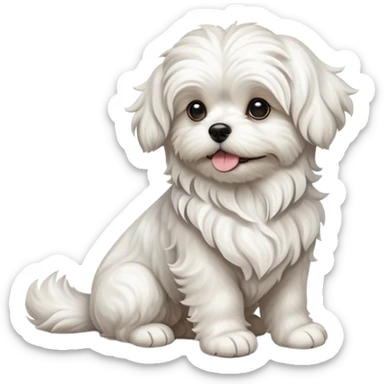 detailed-[wavy haired maltese-dog]-realistic-full-body-sitting-emoji,-tail-resting-loosely-beside-its-paws,-head-tilted-dramatically,--wavy-[white]-fur,-simplified-yet-realistic-focused-features,-highly-detailed,-glowing-with-an-almost-sarcastic sticker