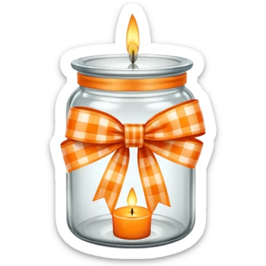 Glass jar with a candle in it and an orange checkered ribbon sticker